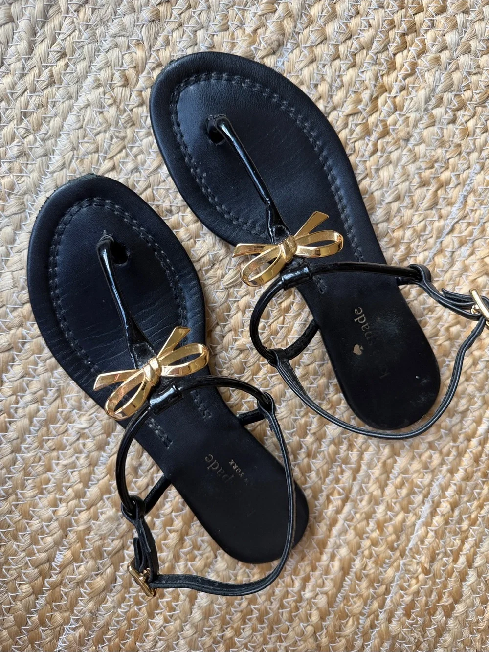 Kate Spade Black Leather Gold Bow T-Strap Sandals